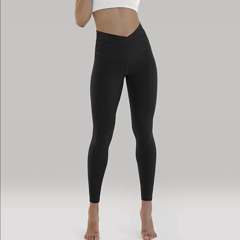 ODODOS Women's Cross Waist Yoga Leggings with Inner Pocket -Inseam 25"
